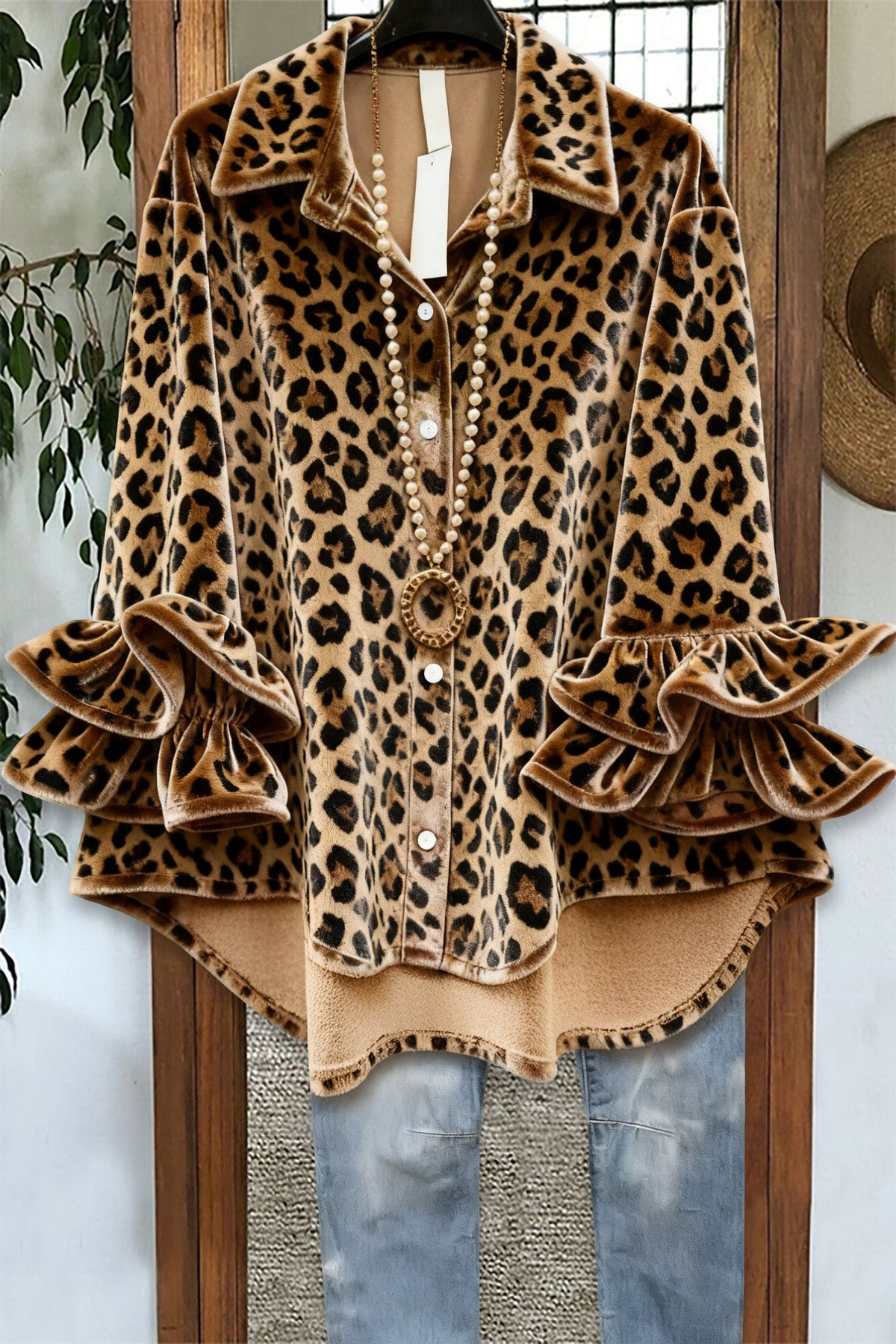 Retro Leopard Ruffle Velvet Blouse