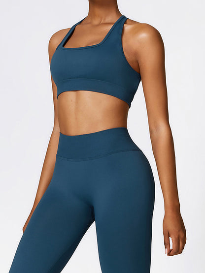 Wrap Back Cross Hollow Solid Color Square-Neck Sports Bra