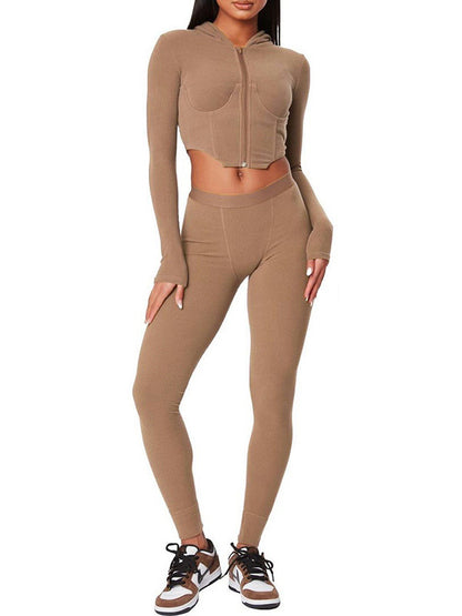 Cropped Solid Color Hoodies&Leggings Wrap Casual Suits