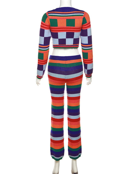 Cropped Long Sleeves Multi-Colored Round-Neck Suits