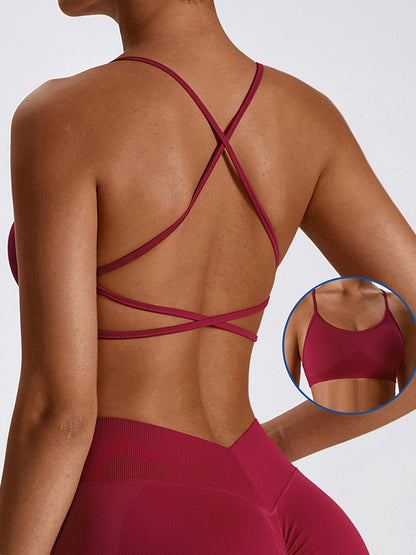 Wrap Back Cross Hollow Solid Color U-Neck Sports Bra