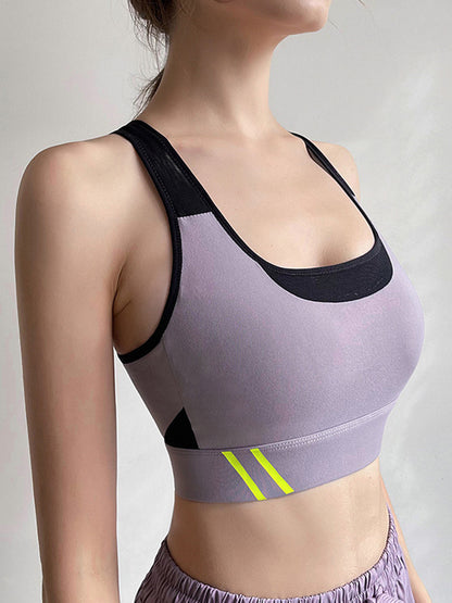 Color-Block Hollow Printed Wrap Spaghetti-Neck Sports Bra