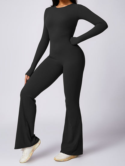 Flared Pants Backless Pleated Solid Color Round-Neck Jumpsuits