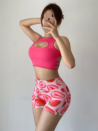 Wrap Contrast Color High-Waisted Fruit Printed Sports Shorts