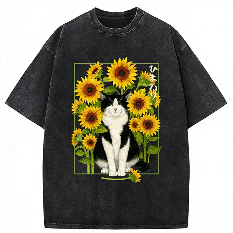 Funny Sunflower And Cat Poster Washed T-shirt
