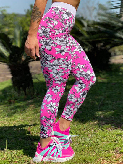 Peach Blossom Print High-Waisted Stretch Running Fitness Yoga Leggings