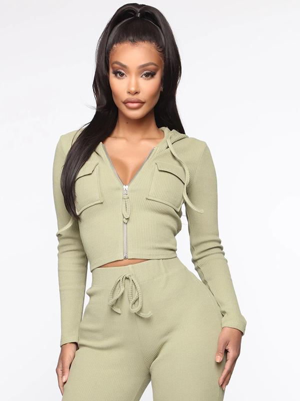 Wrap Solid Color Zipper Hooded Sweatshirt&Leggings Suits