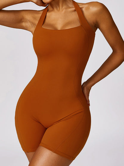 Skinny Wrap Backless Solid Color Halter-Neck Rompers