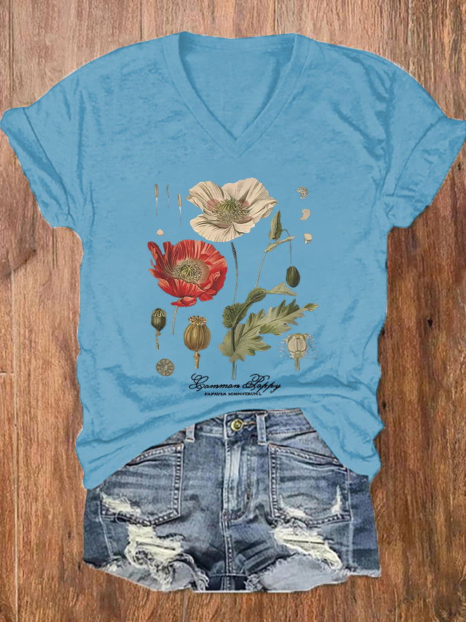 Floral Graphic Print V-neck Women's T-shirt