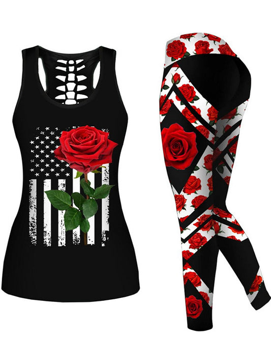 Printed Roses Hollowed Vest&Leggings Sports Suits