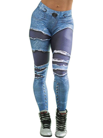 Hip-Lift Printed Denim Patchwork Sport Legging