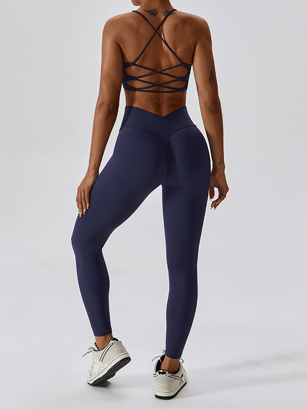 Back Cross Hollow Solid Color Spaghetti-Neck Sports Bra