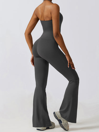 Flared Pants Skinny Leg Backless Detachable Solid Color Halter-Neck Jumpsuits