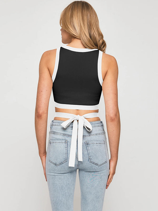 Wrap Cropped Color-Block Bandage Tank Round-Neck T-Shirts