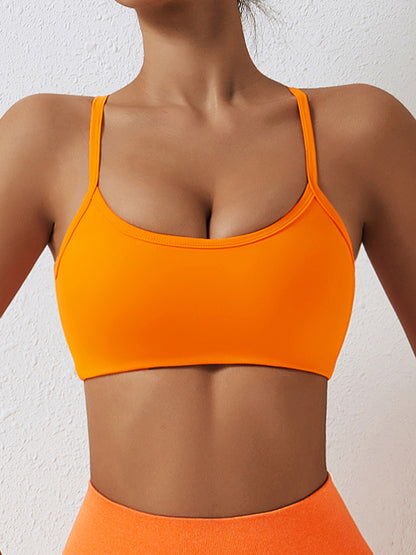 Wrap Back Cross Solid Color Spaghetti-Neck Sports Bra