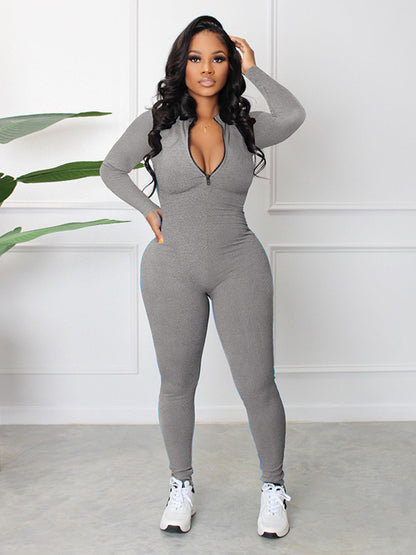 Skinny Solid Color Zipper Jumpsuits