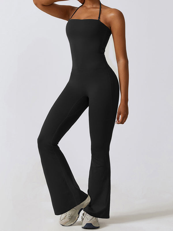 Flared Pants Skinny Leg Backless Detachable Solid Color Halter-Neck Jumpsuits