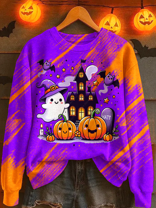 Halloween Ghost And Punmkin Printed Long Sleeve Casual Top