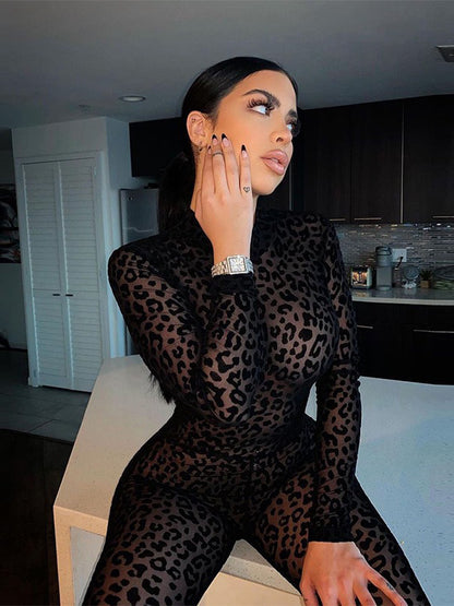 Skinny Wrap Leopard See-Through Round-Neck Jumpsuits