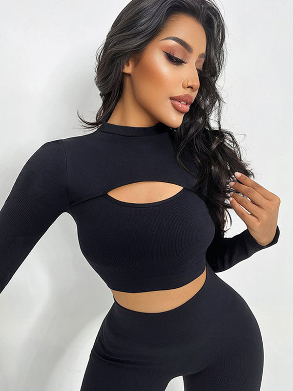 Skinny Hollow Solid Color Round-Neck Yoga Suits