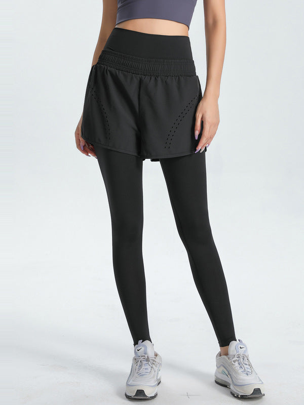 False Two Wrap High-Waisted Solid Color Sports Shorts&Leggings