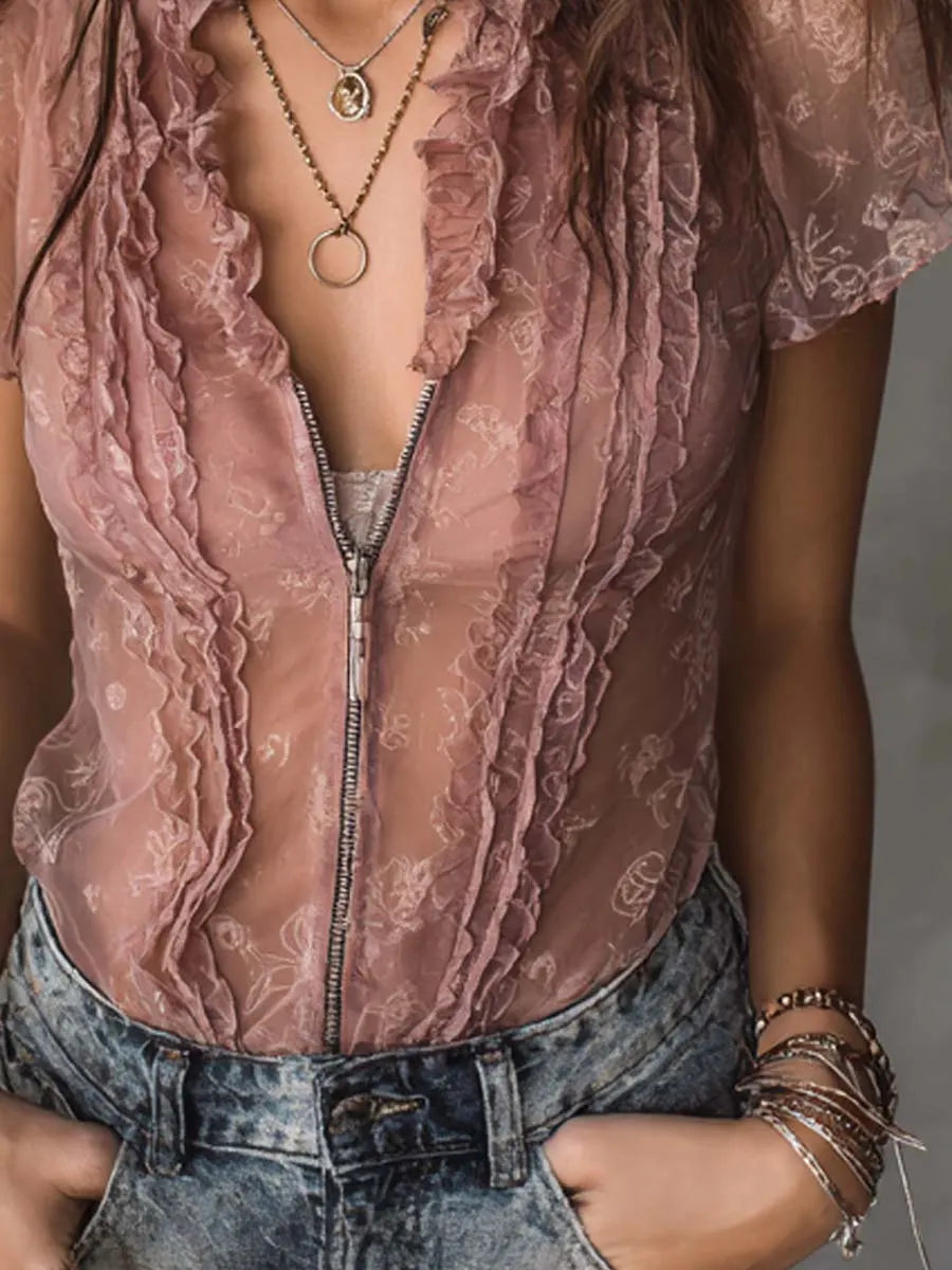 Retro Zipper Collar Ruffle Neck Chiffon Sheer Blouse