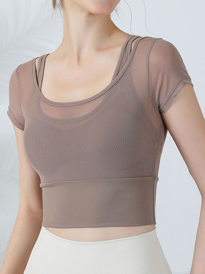 False Two Skinny Hollow Solid Color Split-Joint Spaghetti-Neck Yoga Tops