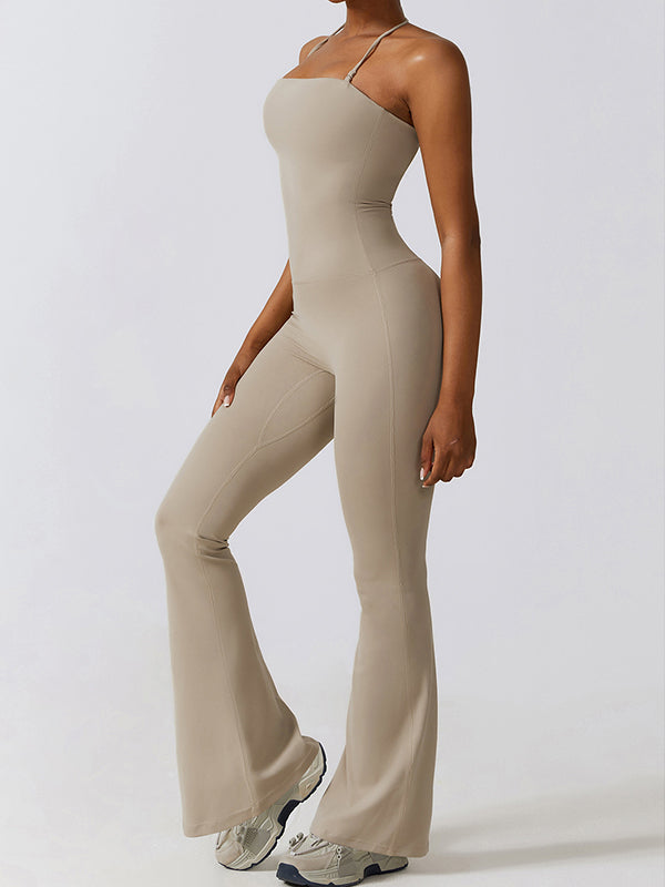 Flared Pants Skinny Leg Backless Detachable Solid Color Halter-Neck Jumpsuits