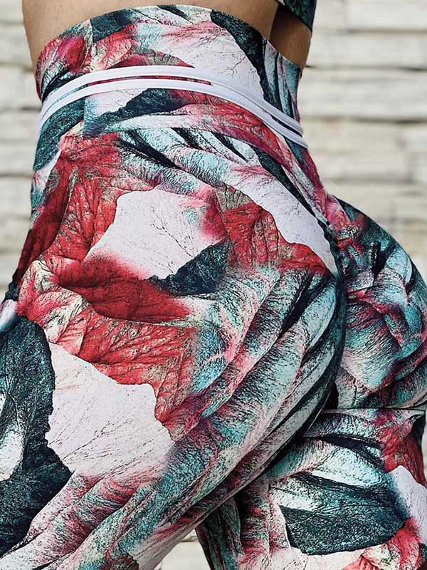 Green&Red Leaf Print High-Waisted Quick Dry Flexible Running Leggings