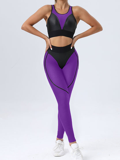 Skinny Wrap Contrast Color Spaghetti-Neck Sports Bra&Leggings Suits