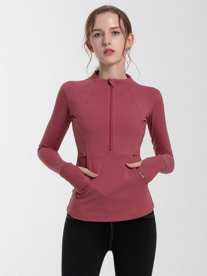 Solid Color Breathable Quick-Dry Zipper Collar Long Sleeves Wrap Sport Tee