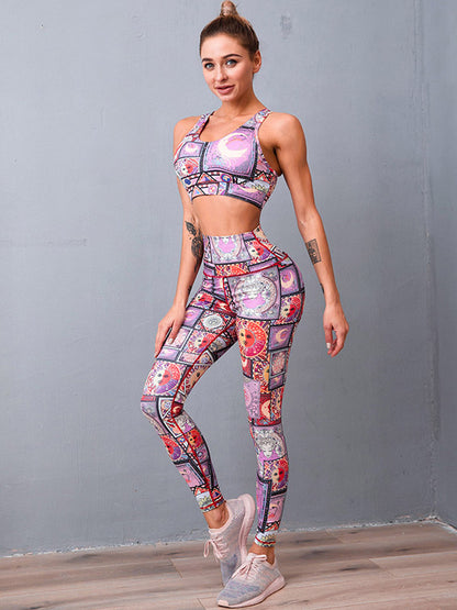 Fashion Floral Round-Neck High-Waisted Legging Fitness Suits