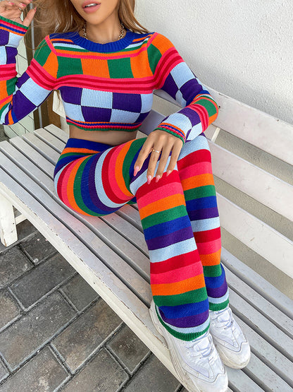 Cropped Long Sleeves Multi-Colored Round-Neck Suits