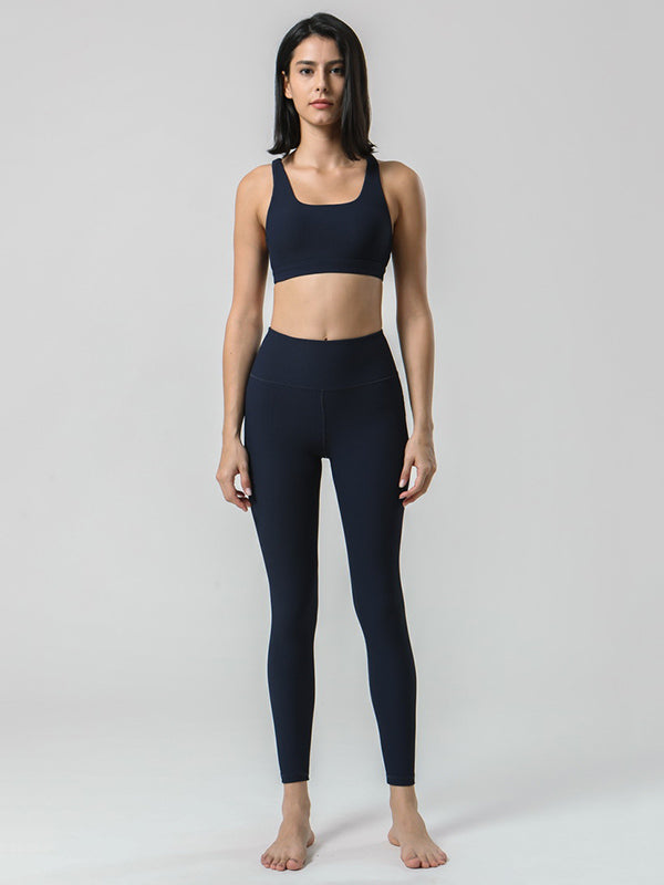 Back Cross Solid Color High-Waisted Bra&Leggings Sports Suits