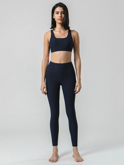 Back Cross Solid Color High-Waisted Bra&Leggings Sports Suits