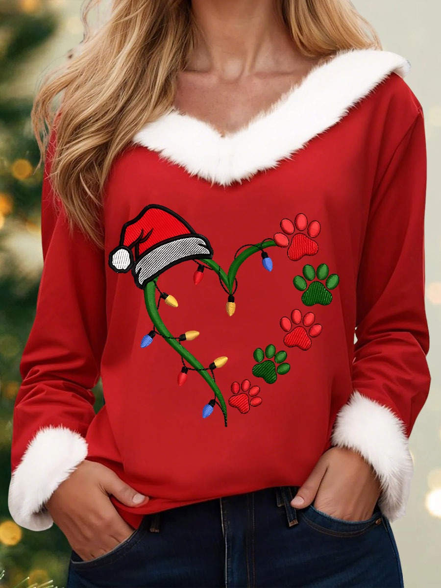 Women's Christmas Dog Paw Fur Collar Casual Top