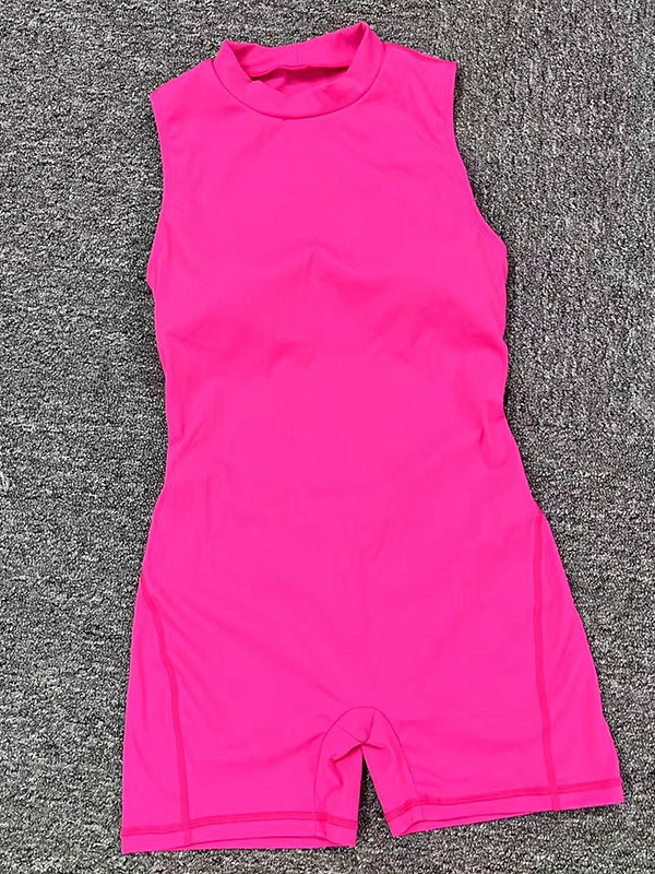 Sleeveless Backless Solid Color Round-Neck Sports Rompers