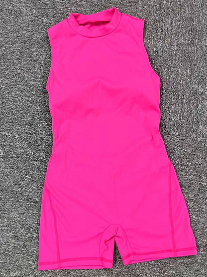 Sleeveless Backless Solid Color Round-Neck Sports Rompers