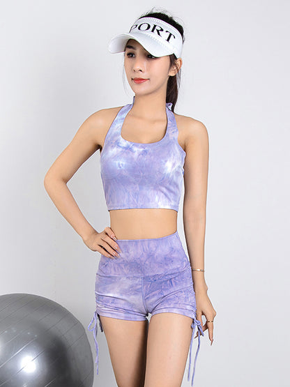 Skinny Wrap Bandage Contrast Color Tie Dye Halter-Neck Sports Bra