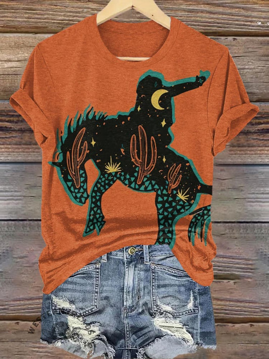 Orange Retro Wild West Cowboy Print T-Shirt