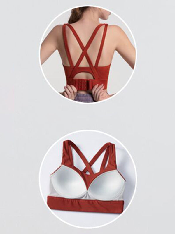 Back Cross Hollow Solid Color U-Neck Sports Bra