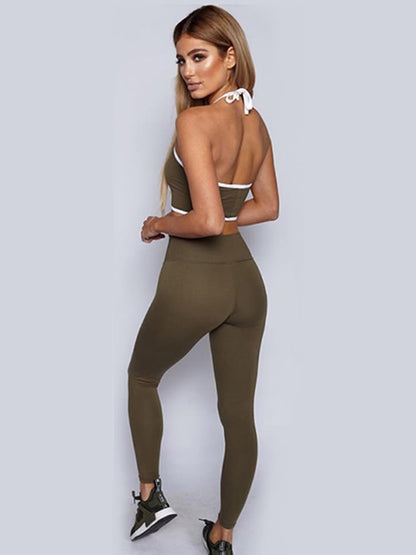 Neck Tie Backless Mdriff Baring Tight Fitting Gym Suit