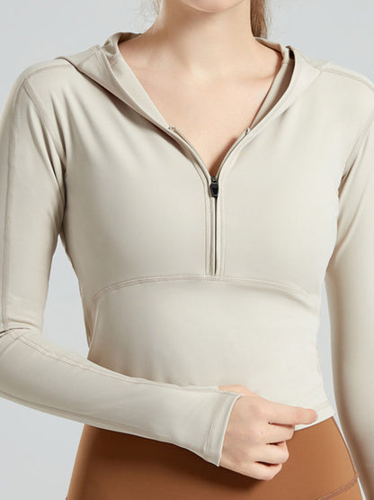 Long Sleeves Wrap Hood Solid Color Zipper V-Neck Yoga Tops