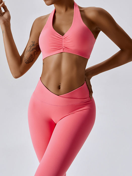 Skinny Wrap High-Waisted Hollow Ruffled Halter-Neck Sports Bra&Leggings Solid Color Suits