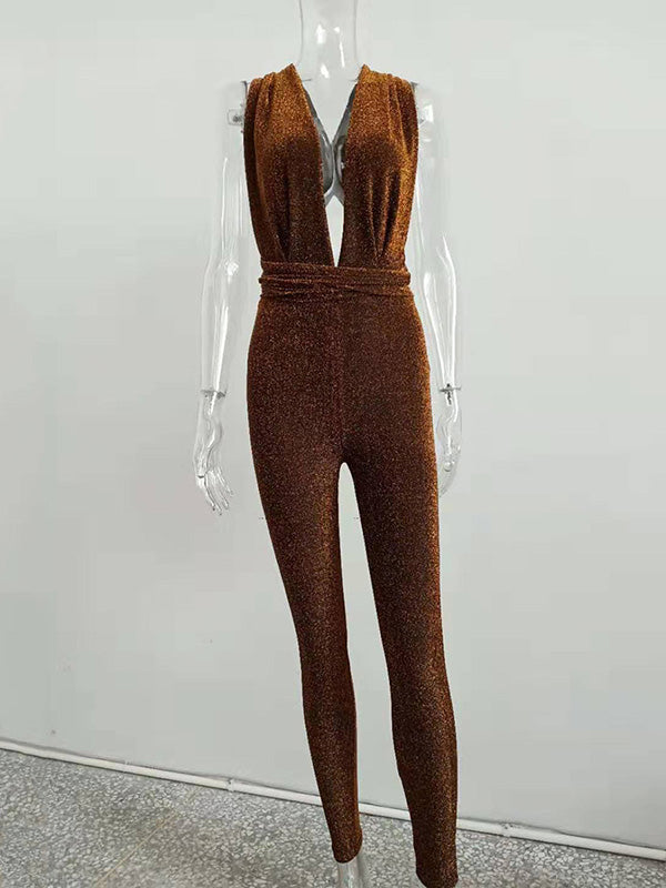 Leisure Fashion Skinny Solid Color Deep V-Neck Yoga Jumpsuits