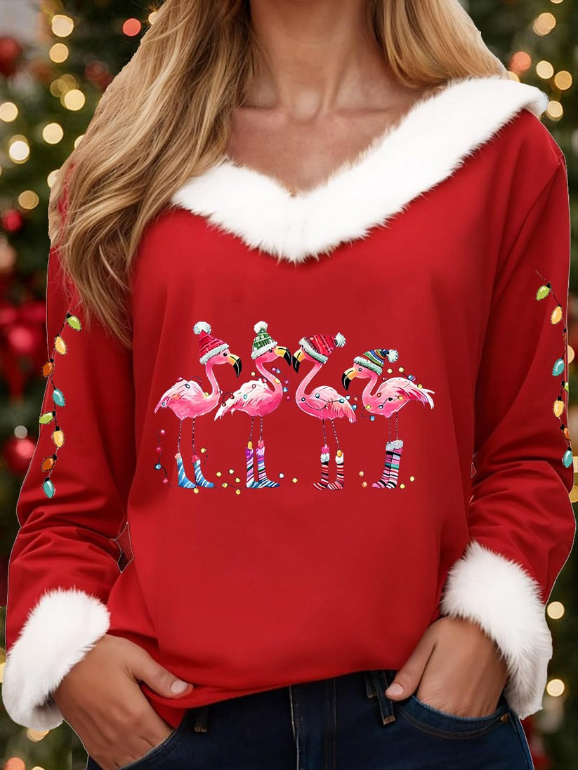 Women's Christmas Flamingo Fur Collar Casual Top
