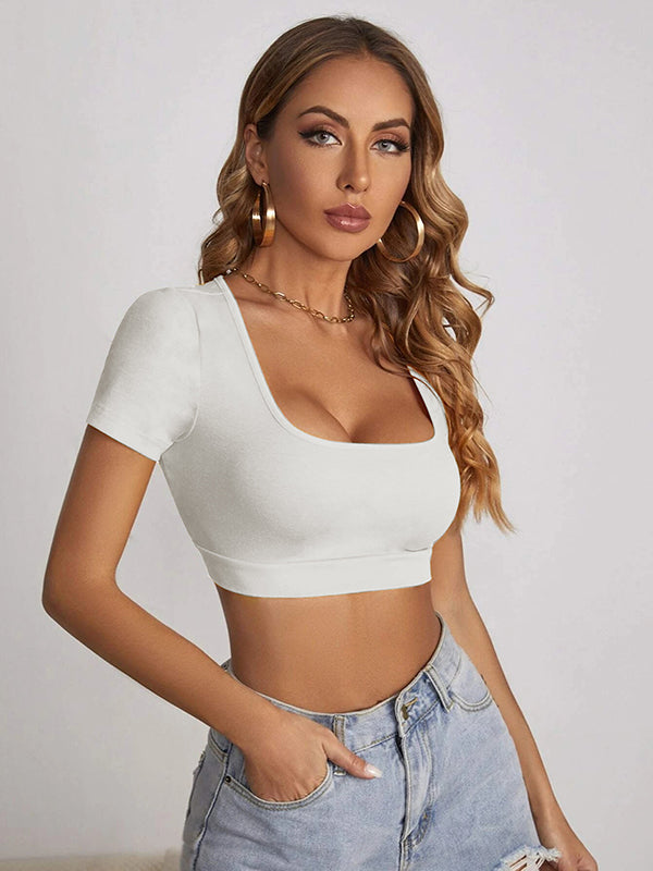 Cropped Skinny Solid Color T-Shirts Square-Neck Tank