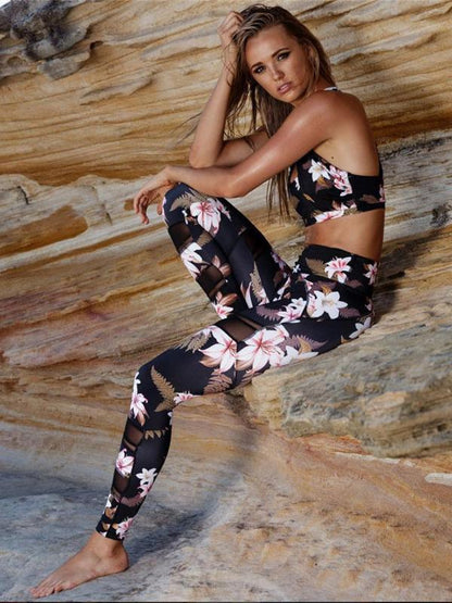 Flower Printed Front Cross Tanks And Leggings Suits