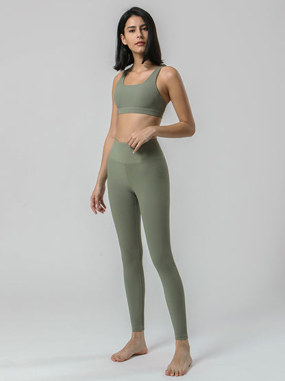 Back Cross Solid Color High-Waisted Bra&Leggings Sports Suits