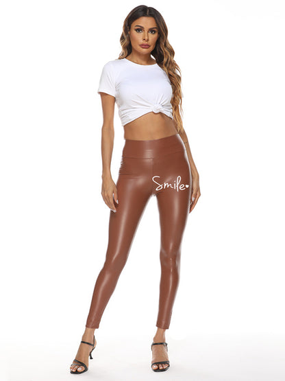 Letter Print High Waisted Leather Leggings